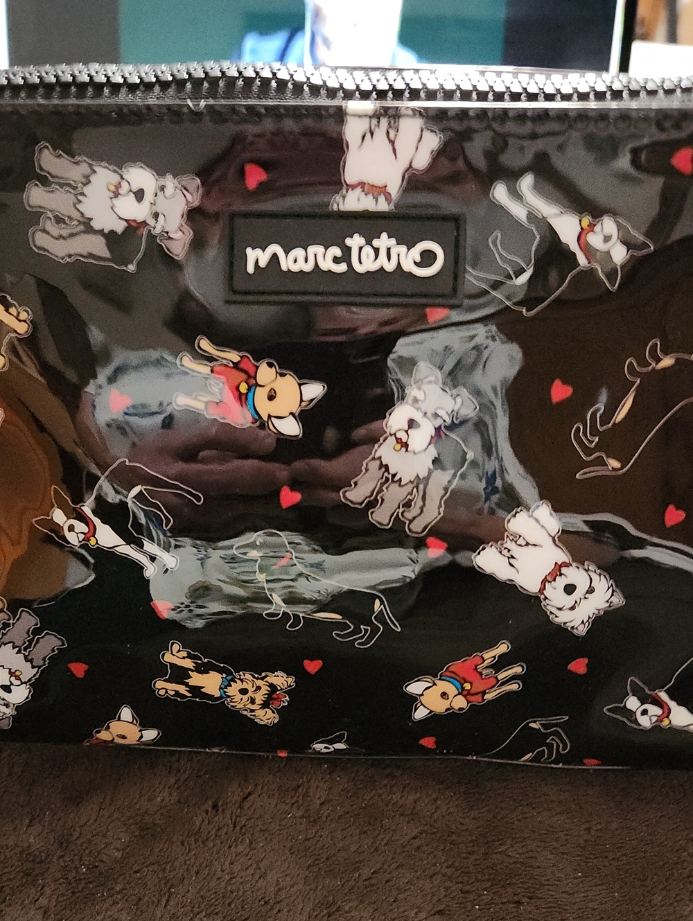 Marc Tetro Black Patent Cosmetic Pouch with Playful Dog Print